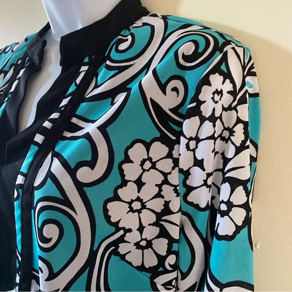 Vintage Covington Teal Black & White Floral Polyester Blouse Size L Large Long - Picture 5 of 10
